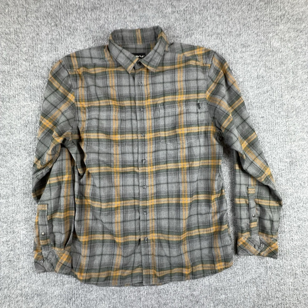 KAVU Shirt Mens Large Gray Green Plaid Flannel Button Up Long Sleeve Casual